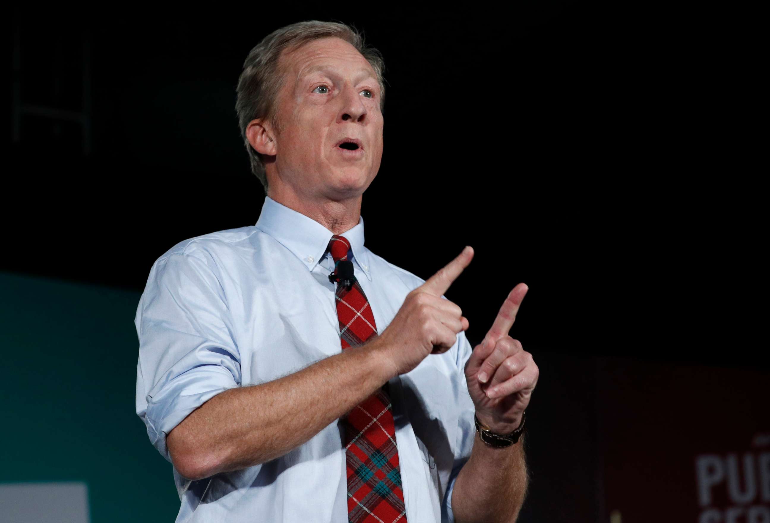 PHOTO: Democratic presidential candidate and businessman Tom Steyer speaks during a public employees union candidate forum, Aug. 3, 2019, in Las Vegas.