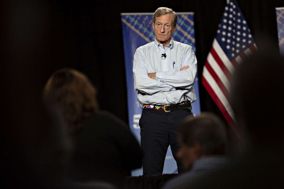 PHOTO: Tom Steyer, co-founder of NextGen Climate Action Committee, listens to a question during a town hall event in Ankeny, Iowa, on Jan. 9, 2019.