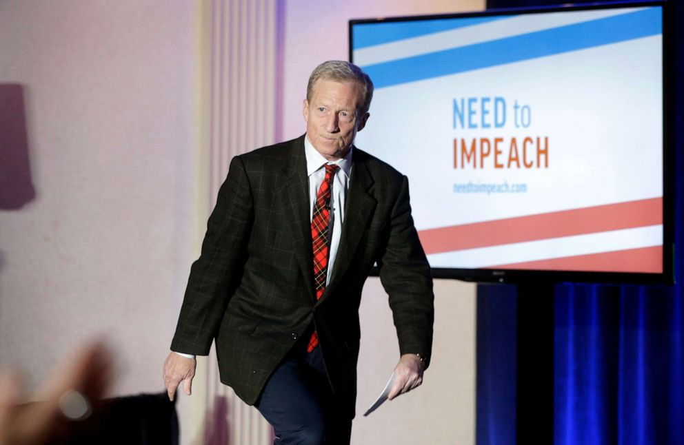 PHOTO:Billionaire investor and Democratic activist Tom Steyer steps on a stage at the start of a "Need to Impeach" town hall event, in Agawam, Mass., March 13, 2019.