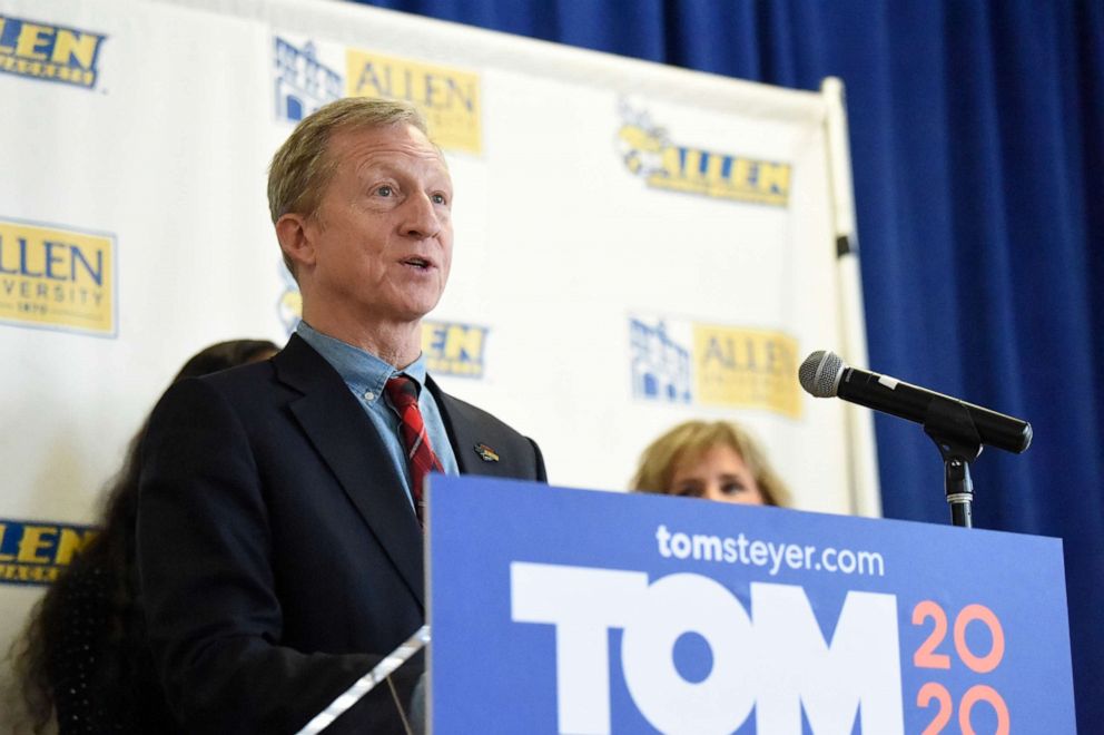 PHOTO: Democratic presidential candidate Tom Steyer speaks during a news conference introducing his campaign plan for historically black colleges and universities, Dec. 10, 2019, at Allen University in Columbia, S.C. 