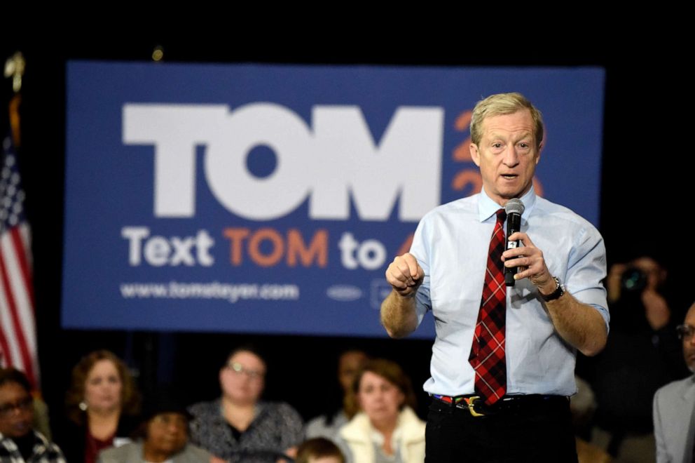 PHOTO: Democratic presidential candidate Tom Steyer speaks at a campaign event on climate change in Spartanburg, S.C., Feb. 17, 2020.