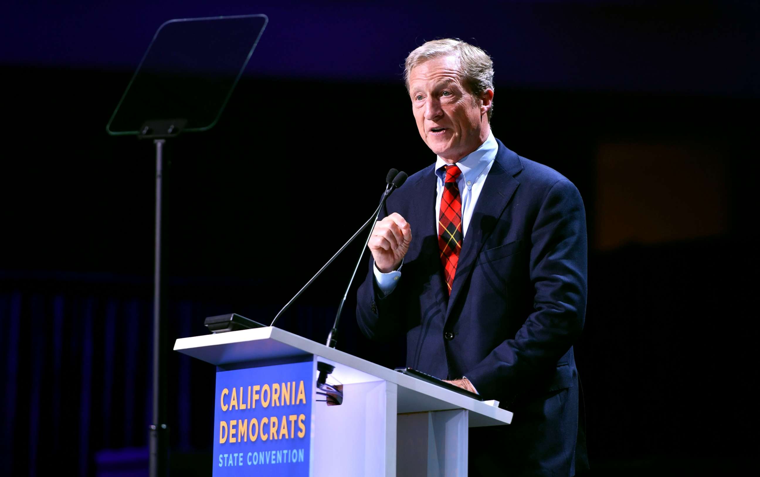 PHOTO: Tom Steyer speaks on stage during the 2019 California Democratic Party State Convention at Moscone Center in San Francisco, June 1, 2019.