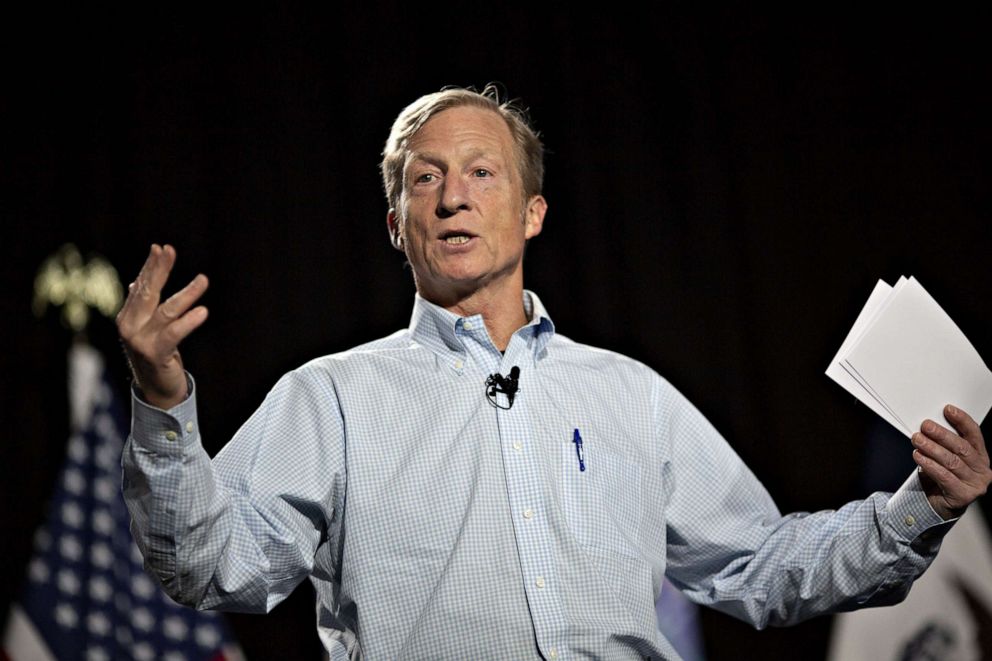 PHOTO: Tom Steyer, co-founder of NextGen Climate Action Committee, speaks during a town hall event in Ankeny, Iowa, Jan. 9, 2019.