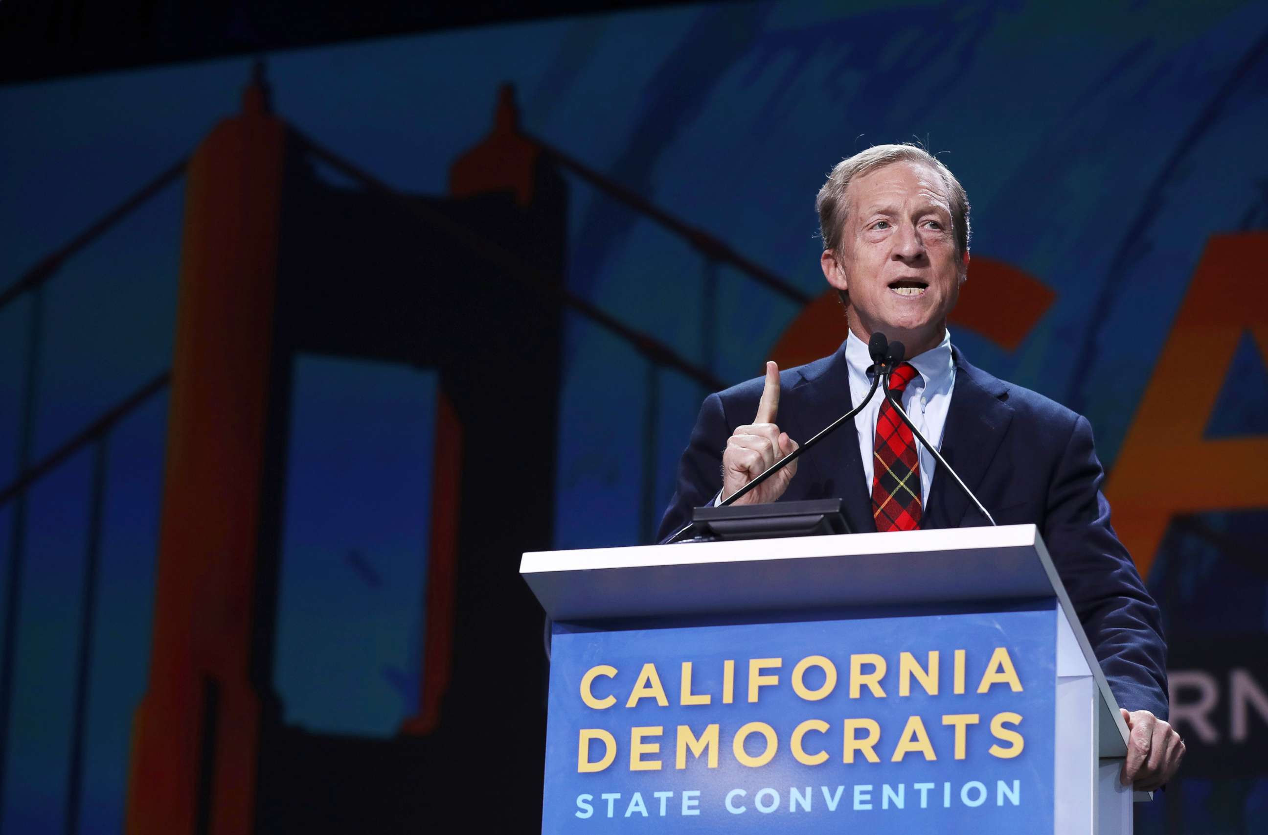 PHOTO: Tom Steyer speaks during the California Democrats 2019 State Convention at the Moscone Center on June 01, 2019, in San Francisco.