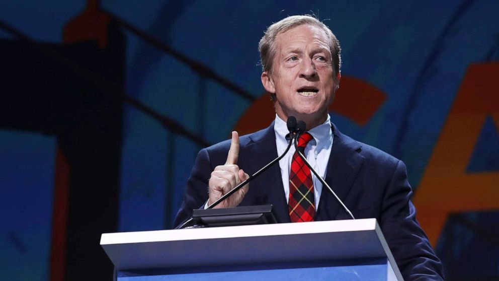 PHOTO: Tom Steyer speaks during the California Democrats 2019 State Convention at the Moscone Center on June 01, 2019, in San Francisco.
