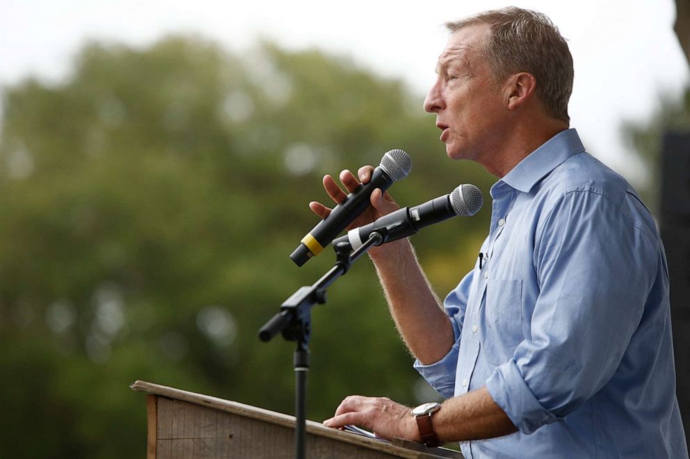 PHOTO: Democratic presidential candidate, billionaire Tom Steyer speaks to attendees during the Blue Jamboree, Oct. 5, 2019, in North Charleston, South Carolina. 