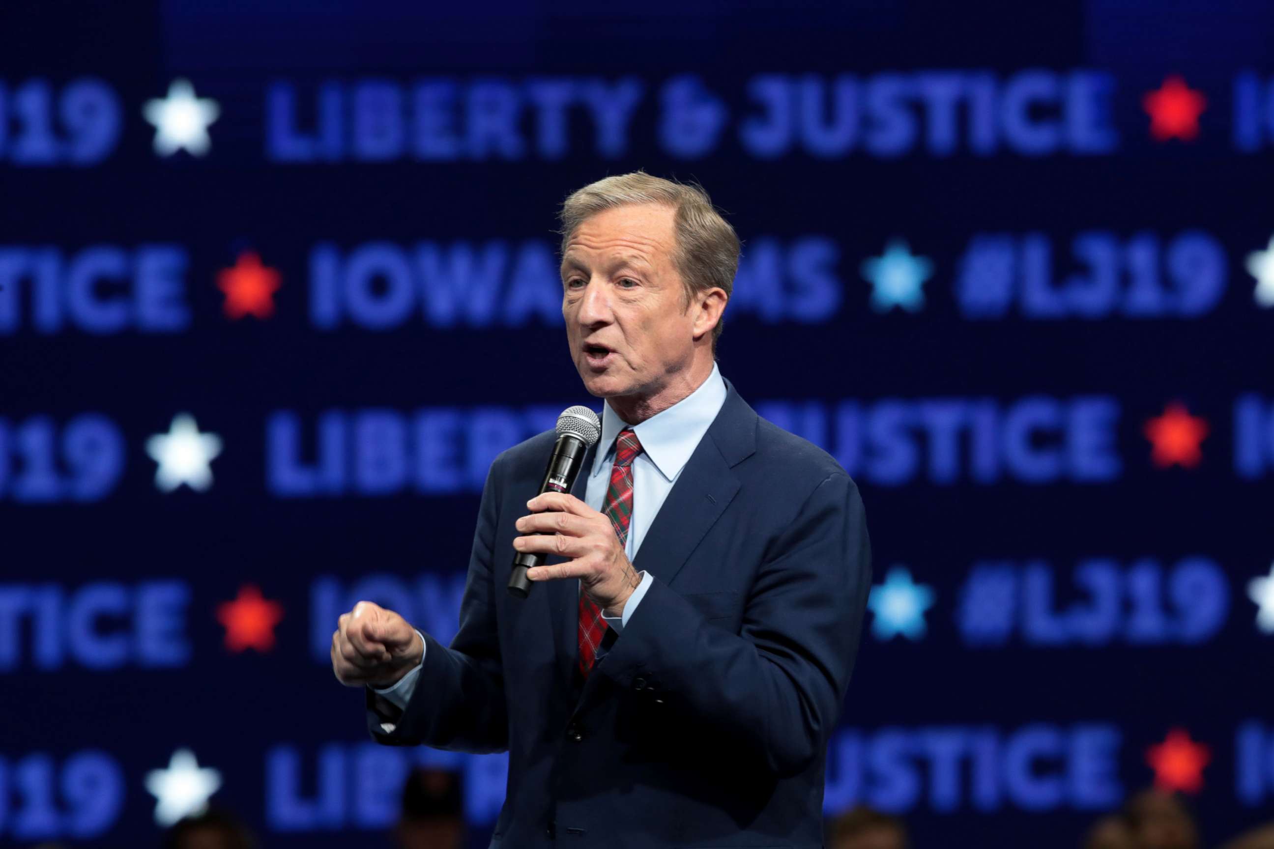 PHOTO: Democratic presidential candidate, philanthropist Tom Steyer speaks at the Liberty and Justice Celebration at the Wells Fargo Arena, Nov. 1, 2019, in Des Moines, Iowa.