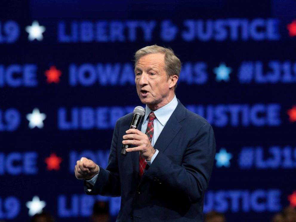 PHOTO: Democratic presidential candidate, philanthropist Tom Steyer speaks at the Liberty and Justice Celebration at the Wells Fargo Arena, Nov. 1, 2019, in Des Moines, Iowa.