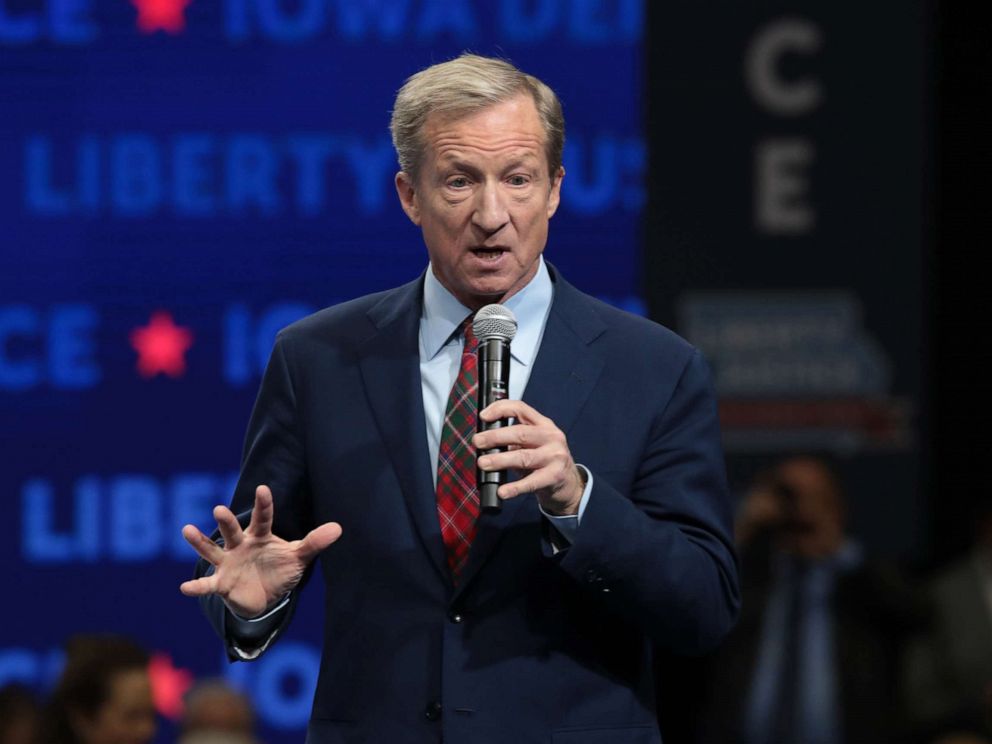 PHOTO: Democratic presidential candidate, philanthropist Tom Steyer speaks at the Liberty and Justice Celebration at the Wells Fargo Arena, Nov. 1, 2019, in Des Moines, Iowa.