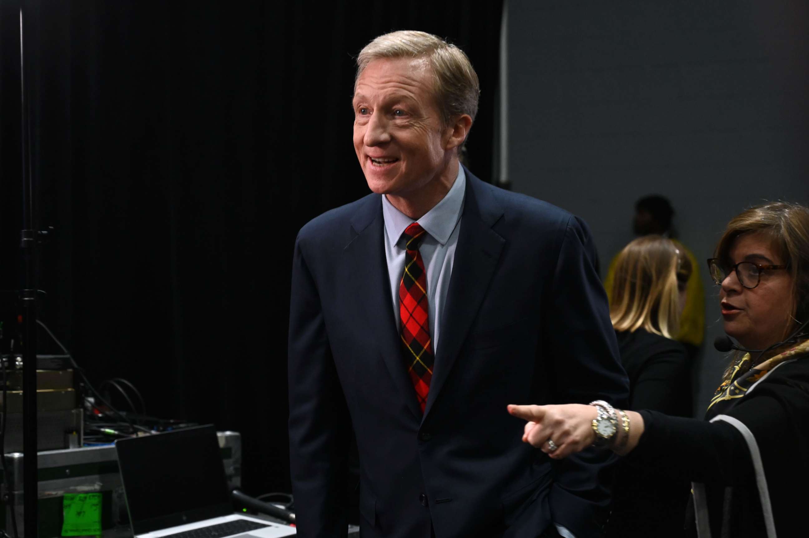 PHOTO: Democratic presidential hopeful Tom Steyer arrives in the spin room after the sixth Democratic primary debate at Loyola Marymount University in Los Angeles, Dec. 19, 2019.