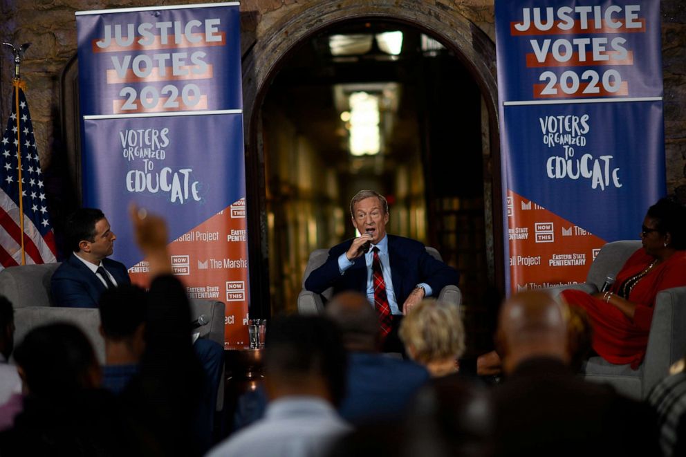 PHOTO: Democratic presidential candidate, billionaire Tom Steyer speaks during a town hall at Eastern State Penitentiary on October 28, 2019, in Philadelphia, PA.