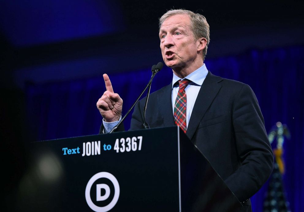 PHOTO: 2020 Democratic presidential hopeful Tom Steyer speaks during the Democratic National Committee's summer meeting in San Francisco, Calif., Aug. 23, 2019.