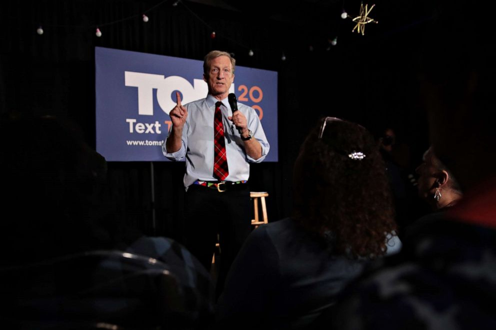 PHOTO: Democratic presidential candidate Tom Steyer speaks to during a campaign stop at Nacho Hippo on Feb. 26, 2020 in Myrtle Beach, S.C. Voters in South Carolina will cast ballots for the Democratic presidential primary on Feb. 29.