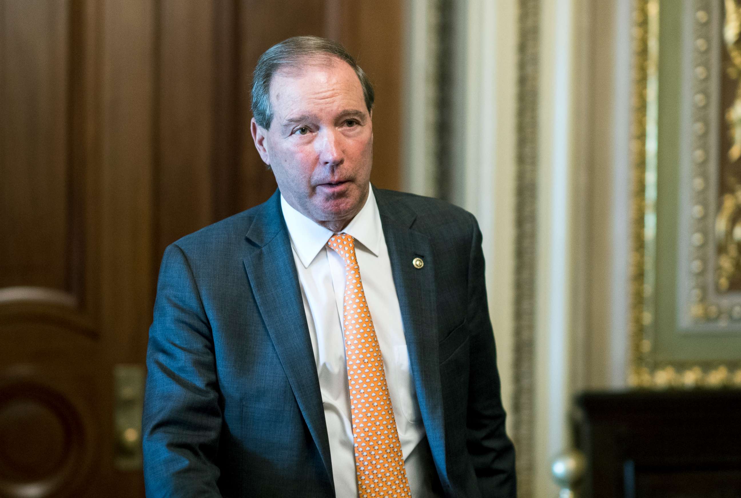 PHOTO: Sen. Tom Udall leaves the Senate Democrats' policy lunch, Oct. 10, 2018, in Washington, DC.