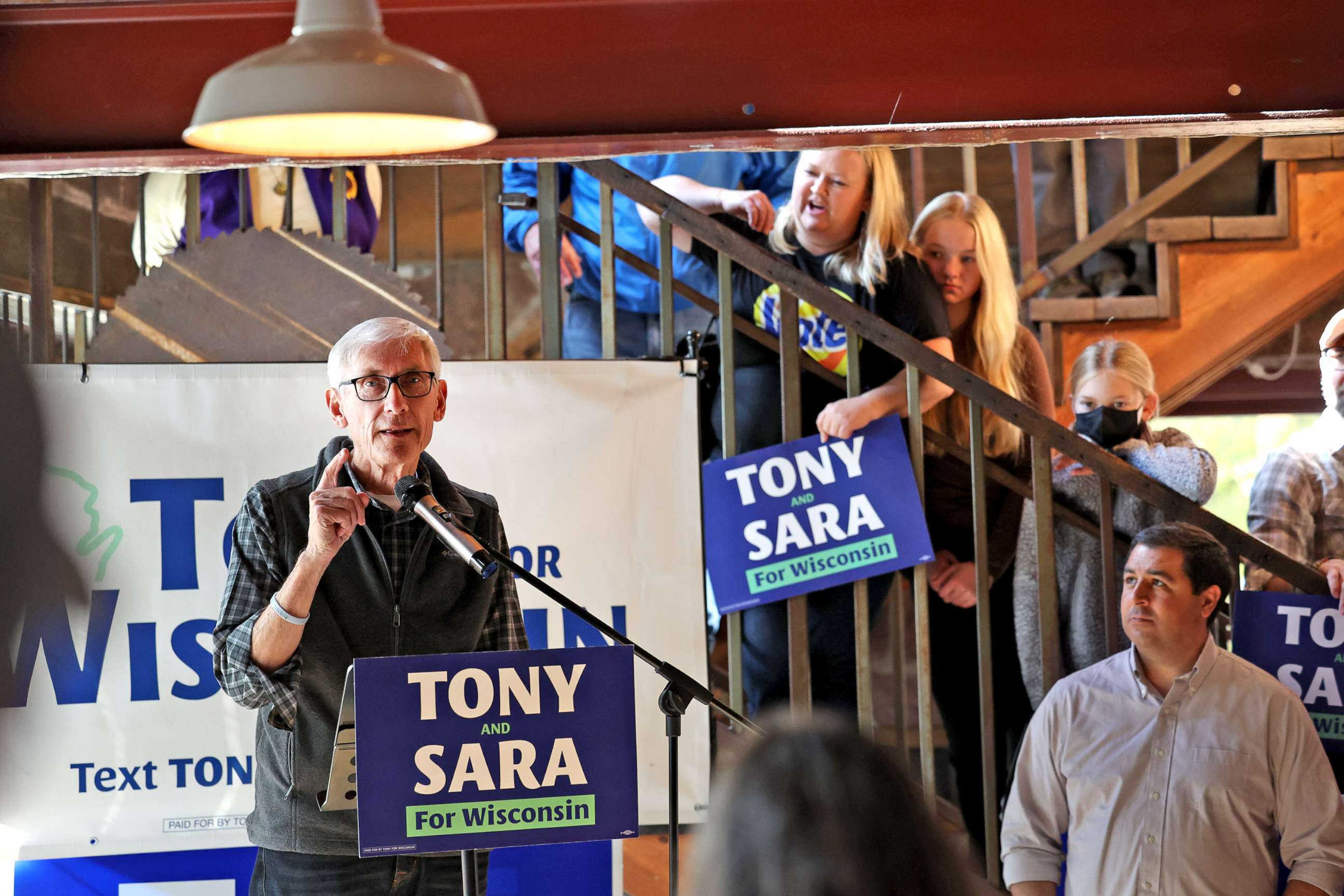 PHOTO: Wisconsin Governor Tony Evers speaks to supporters during a campaign rally at the Sawmill Brewing Company on Nov. 3, 2022 in Merrill, Wis.