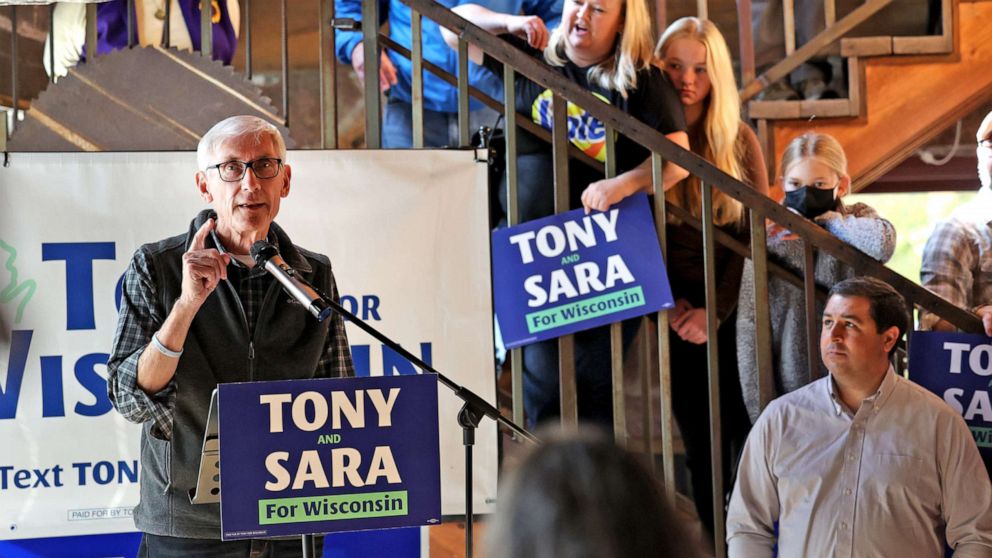PHOTO: Wisconsin Governor Tony Evers speaks to supporters during a campaign rally at the Sawmill Brewing Company on Nov. 3, 2022 in Merrill, Wis.