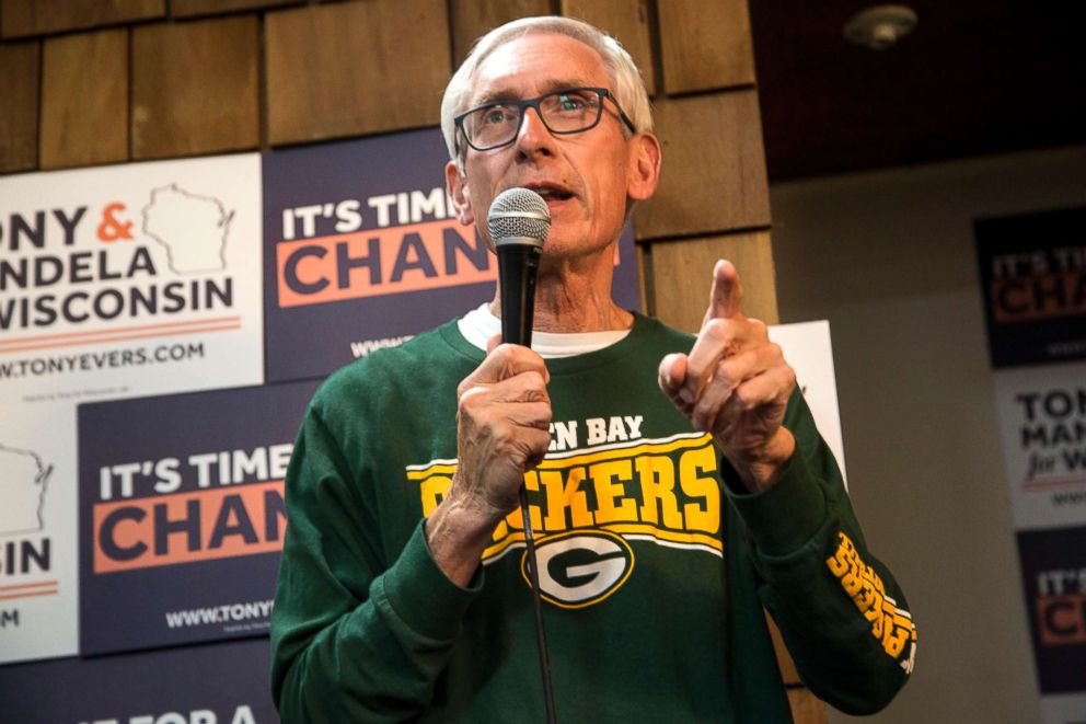 PHOTO: Wisconsin Governor Tony Evers speaks to supporters as he makes a campaign stop at the Coordinated Campaign southside office, Nov. 4, 2018, in Milwaukee.