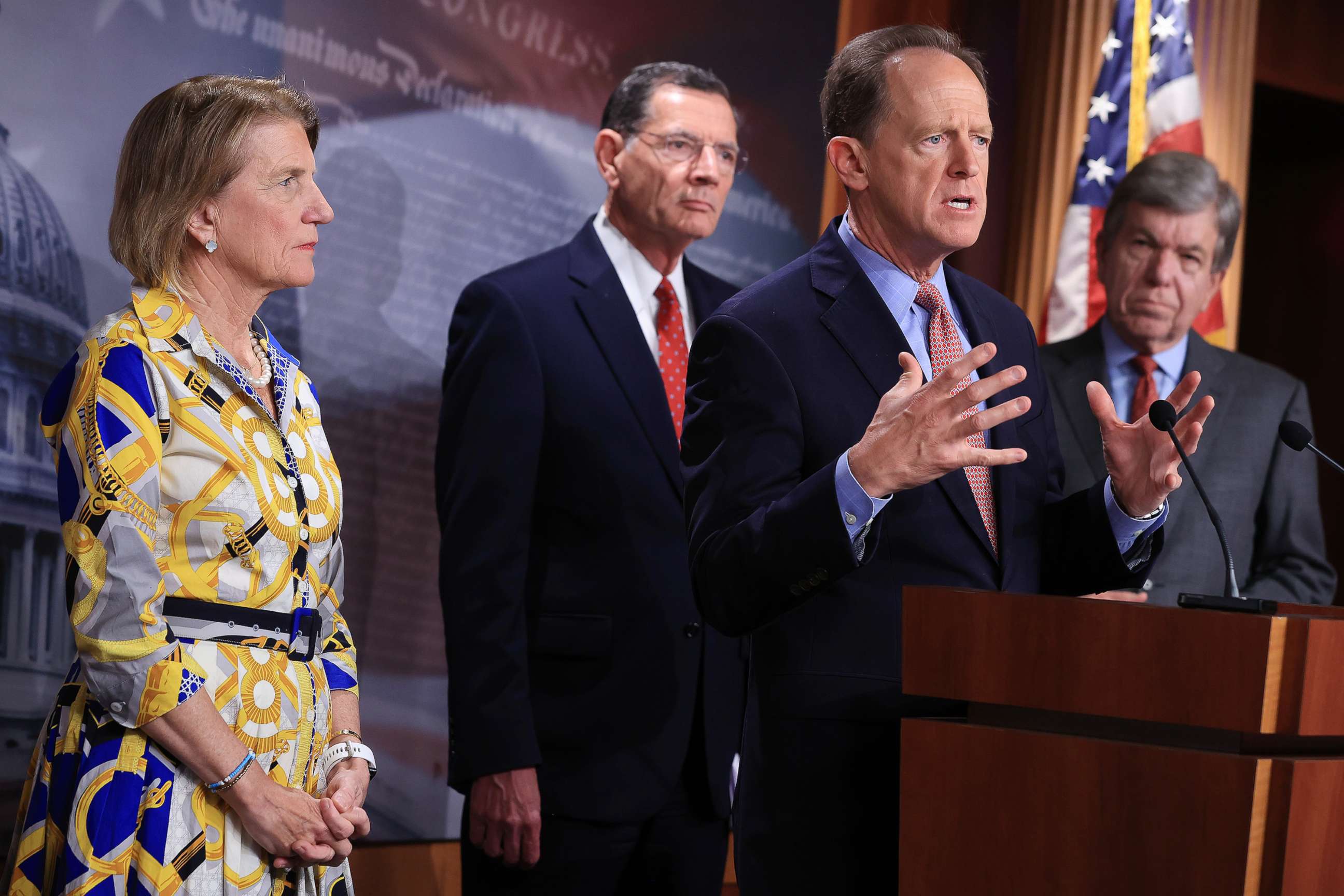 PHOTO: Sen. Pat Toomey speaks during a news conference with Sen. Shelley Moore Capito, Sen. John Barrasso and Sen. Roy Blunt about the GOP's $928 billion counteroffer at the U.S. Capitol, May 27, 2021, in Washington, D.C. 