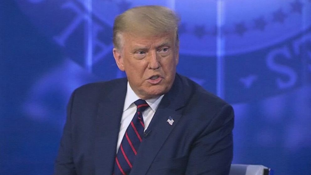 PHOTO: President Donald Trump speaks during ABC News' town hall hosted by ABC News chief anchor George Stephanopoulos at the National Constitution Center in Philadelphia, Sept. 15, 2020.