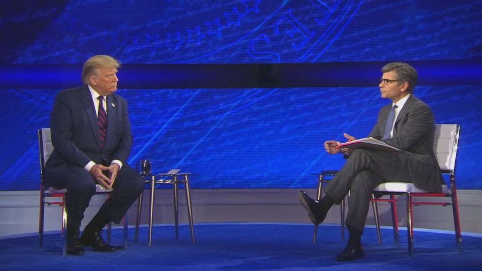 PHOTO: President Donald Trump participates in ABC News' town hall hosted by ABC News chief anchor George Stephanopoulos at the National Constitution Center in Philadelphia, Sept. 15, 2020.