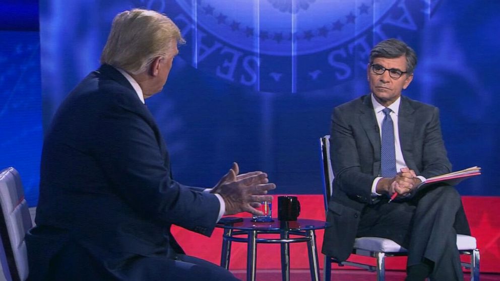 PHOTO: President Donald Trump participates in ABC News' town hall hosted by ABC News chief anchor George Stephanopoulos at the National Constitution Center in Philadelphia, Sept. 15, 2020.