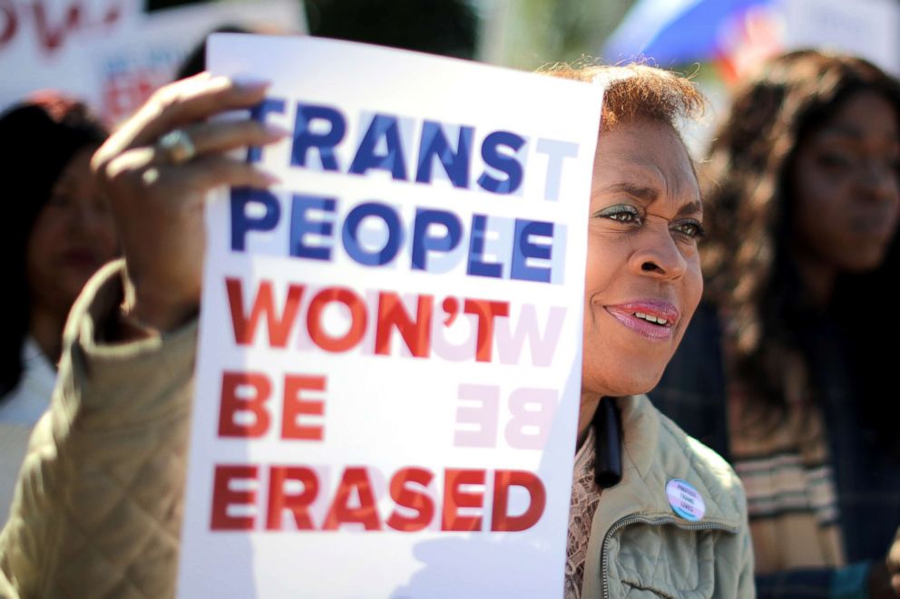 PHOTO: LGBT activists from the National Center for Transgender Equality, partner organizations and their supporters hold a rally in front of the White House, Oct. 22, 2018.