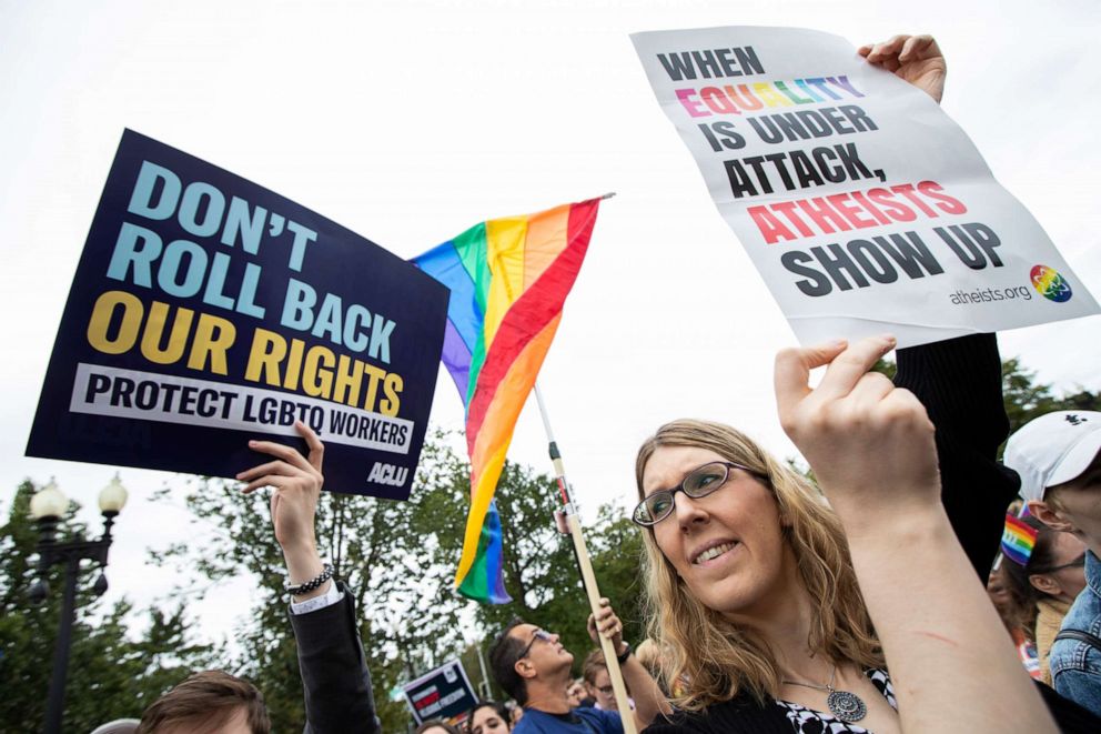 PHOTO: Transgender woman Alison Gill from Maryland, joins LGBT supporters in front of the U.S. Supreme Court, Tuesday, Oct. 8, 2019, in Washington. 