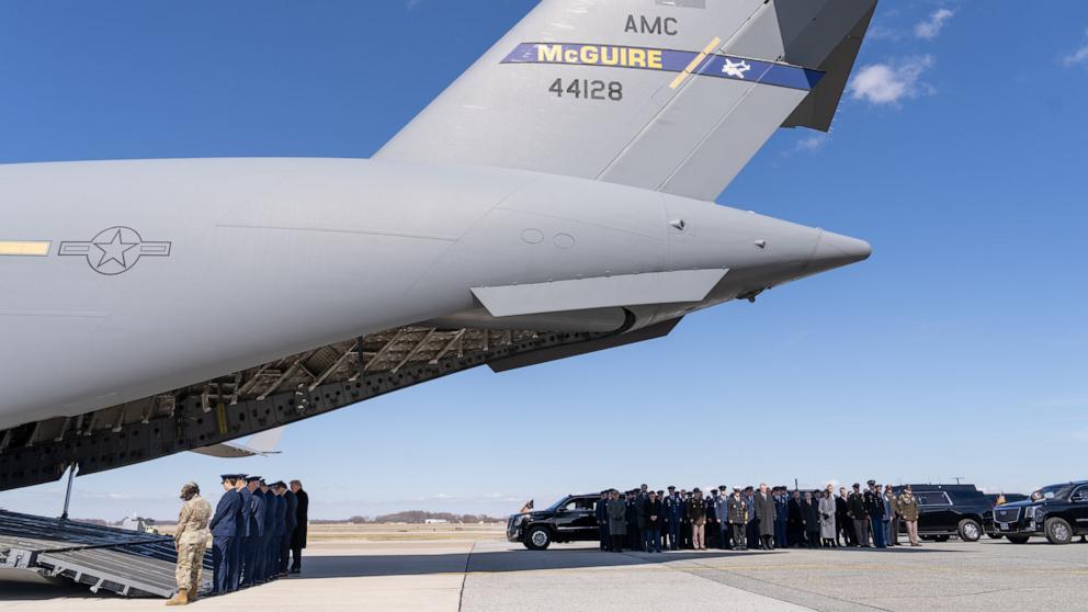 PHOTO: President Donald Trump, Speaker Mike Johnson and Secretary of War Pete Hegseth attend a dignified transfer, March 18, 2026.