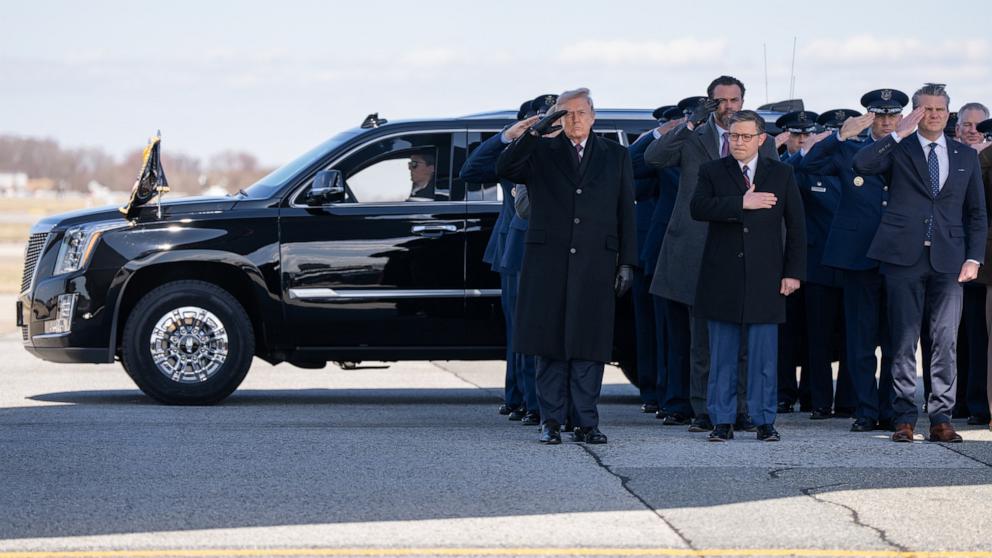 PHOTO: President Donald Trump, Speaker Mike Johnson and Secretary of War Pete Hegseth attend a dignified transfer, March 18, 2026.