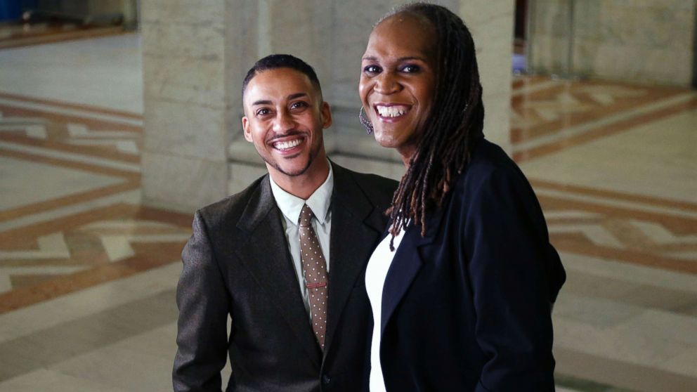 Newly elected city council members Phillipe Cunningham, left,and Andrea Jenkins shown at City Hall, Nov. 9, 2017. The two are transgender representatives-elect that were elected into office.