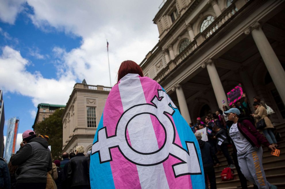 PHOTO: L.G.B.T. activists and their supporters rally in support of transgender people on the steps of New York City Hall, Oct. 24, 2018 in New York.