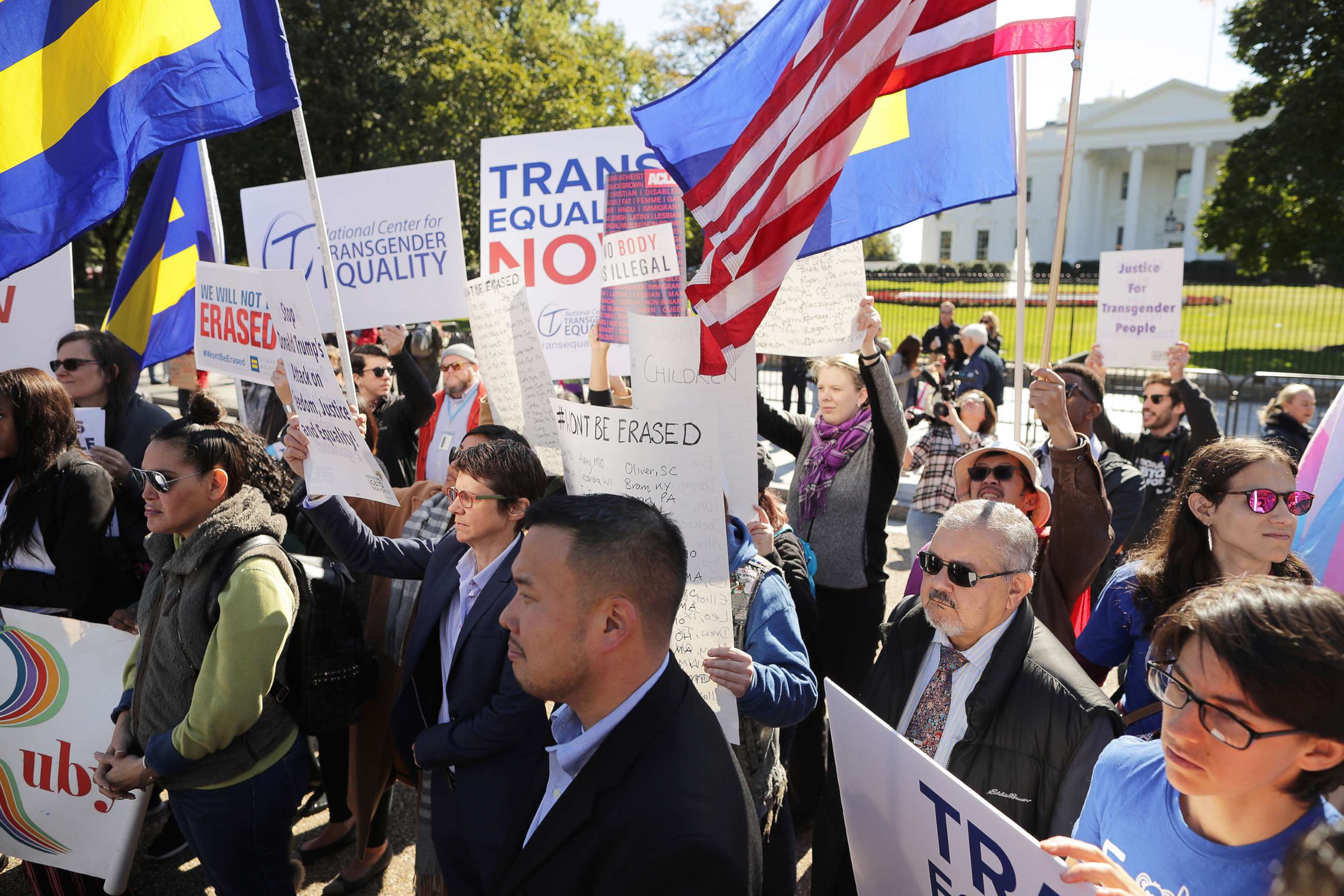 PHOTO: LGBT activists from the National Center for Transgender Equality, partner organizations and their supporters hold a rally in front of the White House, Oct. 22, 2018.