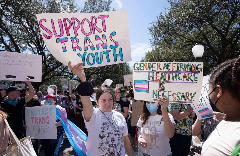 PHOTO: In this March 1, 2022, file photo, transgender youth and their loved ones rally at the State Capitol in Austin, Texas.