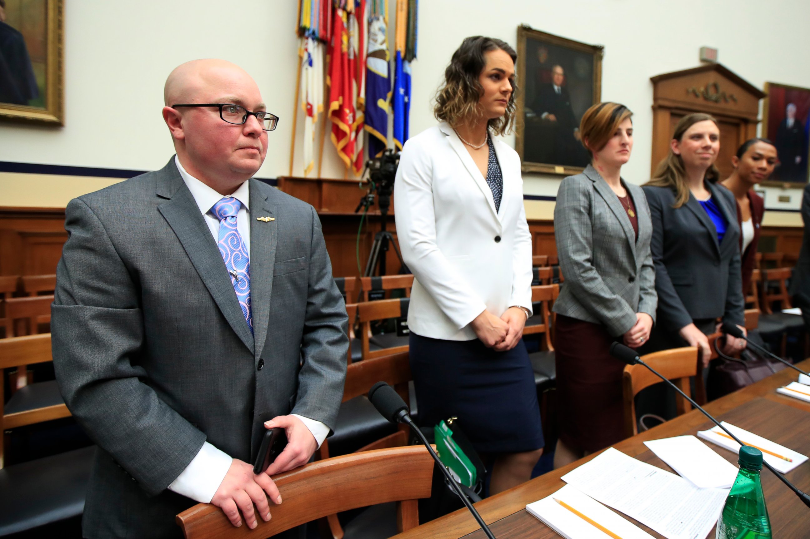 PHOTO: In this Feb. 27, 2019 photo, from left, transgender military members Navy Lt. Cmdr. Blake Dremann, Army Capt. Alivia Stehlik, Capt. Jennifer Peace, Staff Sgt. Patricia King and Navy Petty Officer Third Class Akira Wyatt.