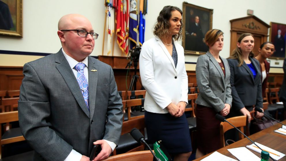 PHOTO: In this Feb. 27, 2019 photo, from left, transgender military members Navy Lt. Cmdr. Blake Dremann, Army Capt. Alivia Stehlik, Capt. Jennifer Peace, Staff Sgt. Patricia King and Navy Petty Officer Third Class Akira Wyatt.