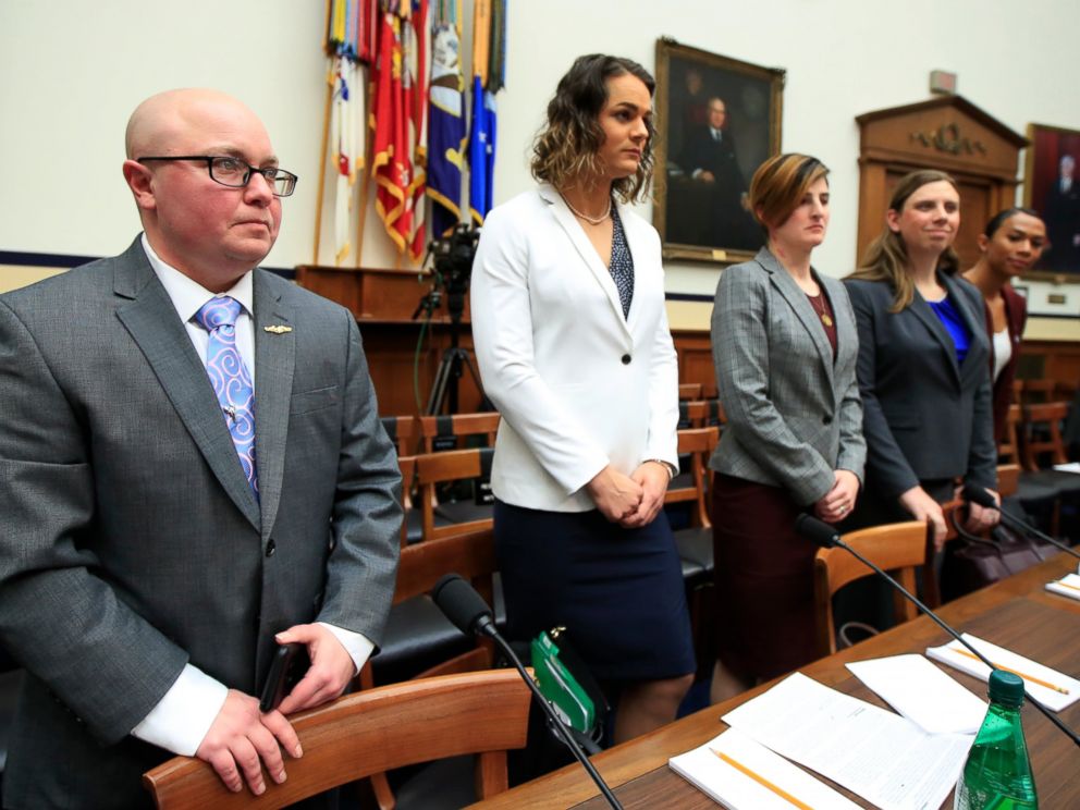 PHOTO: In this Feb. 27, 2019 photo, from left, transgender military members Navy Lt. Cmdr. Blake Dremann, Army Capt. Alivia Stehlik, Capt. Jennifer Peace, Staff Sgt. Patricia King and Navy Petty Officer Third Class Akira Wyatt.