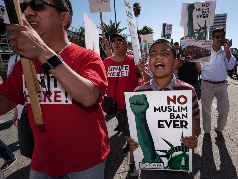 PHOTO: People take part in a protest against President Trumps travel ban, dubbed by activists as Muslim Ban 3.0, in Los Angeles on Oct. 15, 2017.