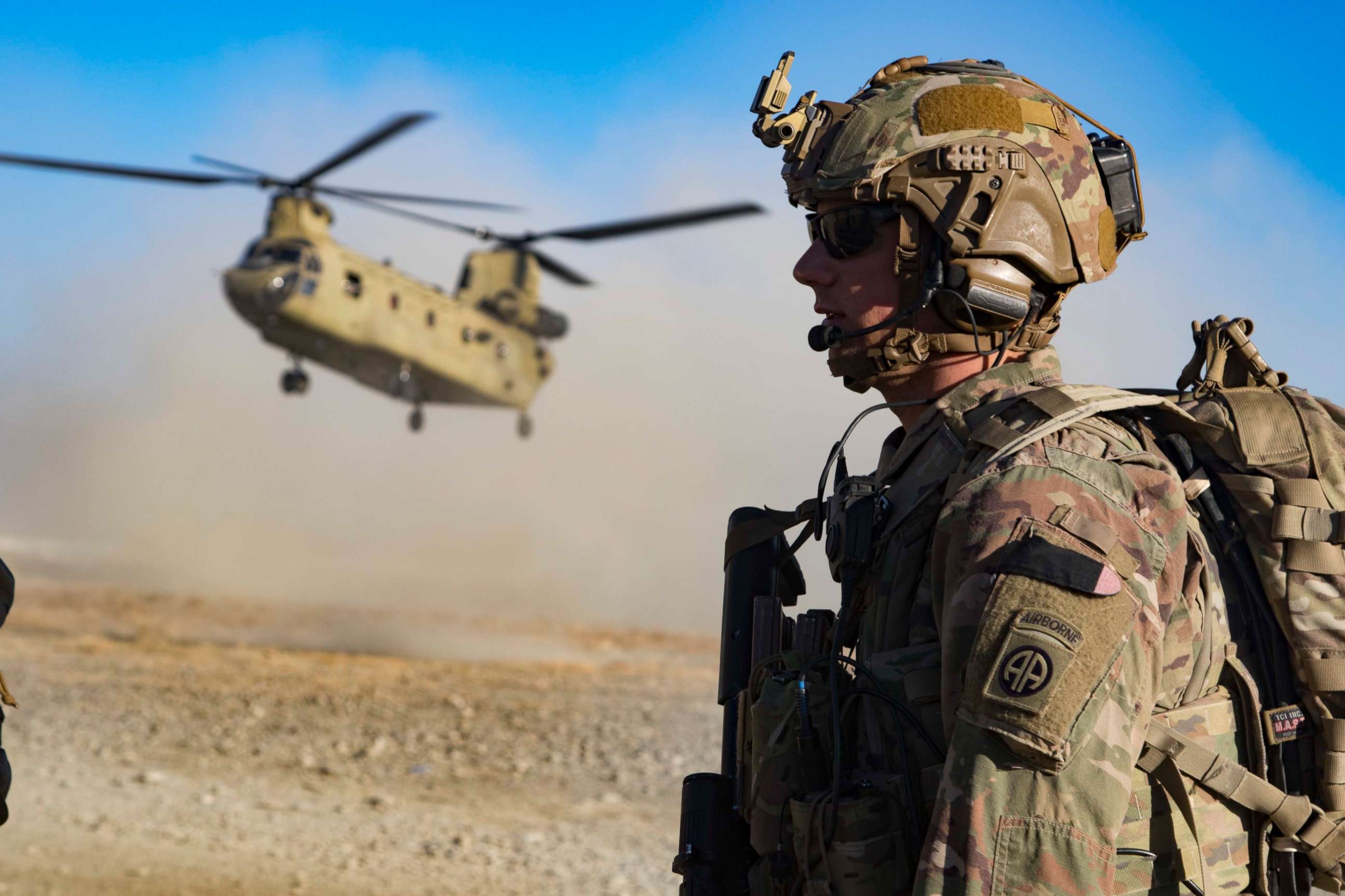 PHOTO: U.S. Army Staff Sgt. Jason N. Bobo helps secure a helicopter landing zone as a CH-47 Chinook helicopter prepares to land Southeastern Afghanistan, Dec. 29, 2019.