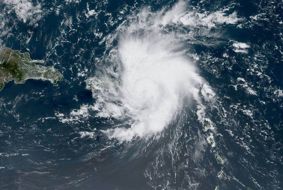 PHOTO: Tropical Storm Dorian bears down on Puerto Rico in a satellite image from NOAA captured on Aug. 28, 2019.