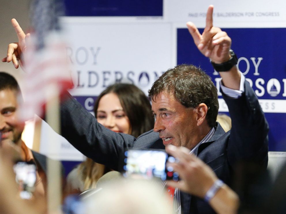 Troy Balderson, Republican candidate for Ohio's 12th Congressional District, greets a crowd of supporters during an election night party Tuesday, Aug. 7, 2018, in Newark, Ohio.