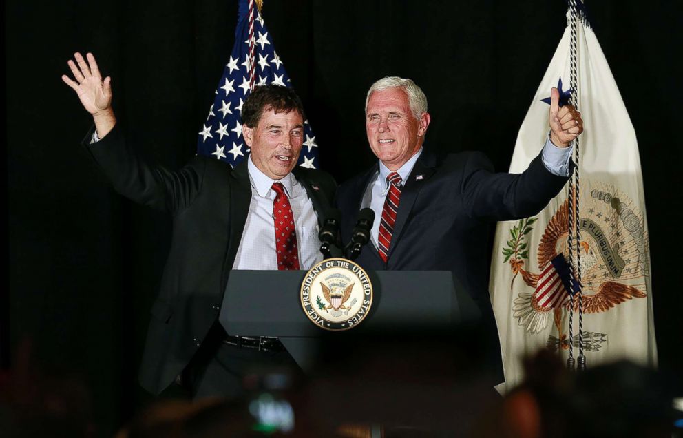 PHOTO: Troy Balderson appears at a rally with Vice President Mike Pence, right, in Newark, Ohio, July 30, 2018.