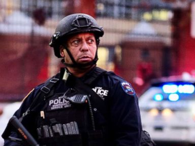 PHOTO: Police officers stand guard near the site of an attack in lower Manhattan, near the World Trade Center, in which eight people were killed and a dozen more injured, Oct. 31, 2017, in New York City.