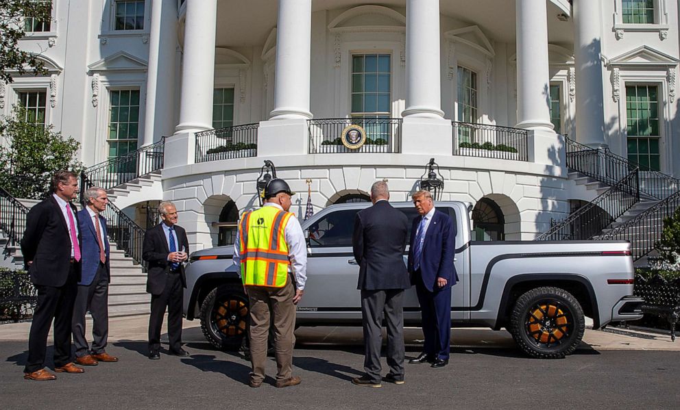 PHOTO: President Donald Trump chats with Steve Burns Lordstown Motors CEO about the new Endurance all-electric pickup truck on the south lawn of the White House on Sept. 28, 2020.
