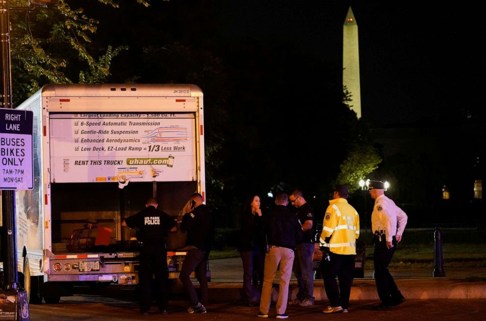 PHOTO: The U.S. Secret Service and other law enforcement agencies investigate a rented box truck that crashed into security barriers at Lafayette Park across from the White House in Washington, D.C., May 23, 2023.