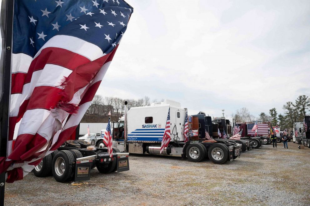 PHOTO: Demonstrators prepare to depart Hagerstown Speedway in Hagerstown, Md., March 7, 2022, during "The People's Convoy" event. 
