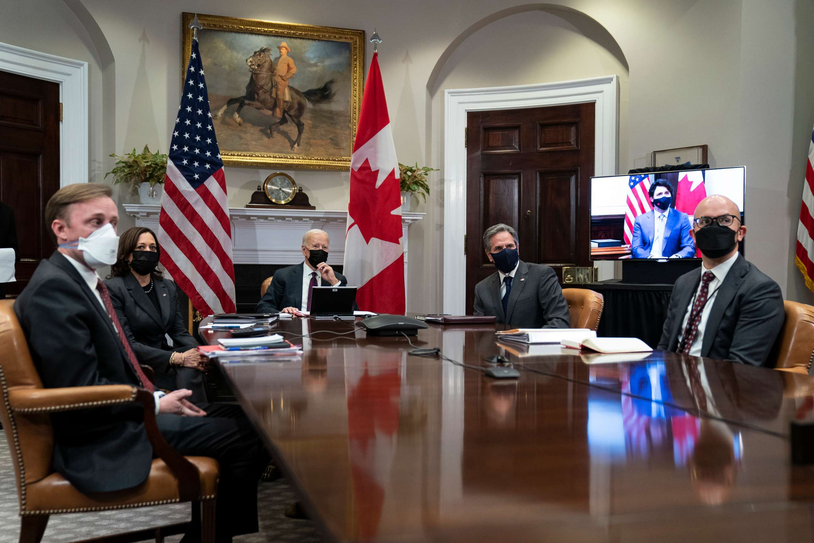 PHOTO: President Joe Biden holds a virtual bilateral meeting with Canadian Prime Minister Justin Trudeau, in the Roosevelt Room of the White House, Feb. 23, 2021, in Washington.