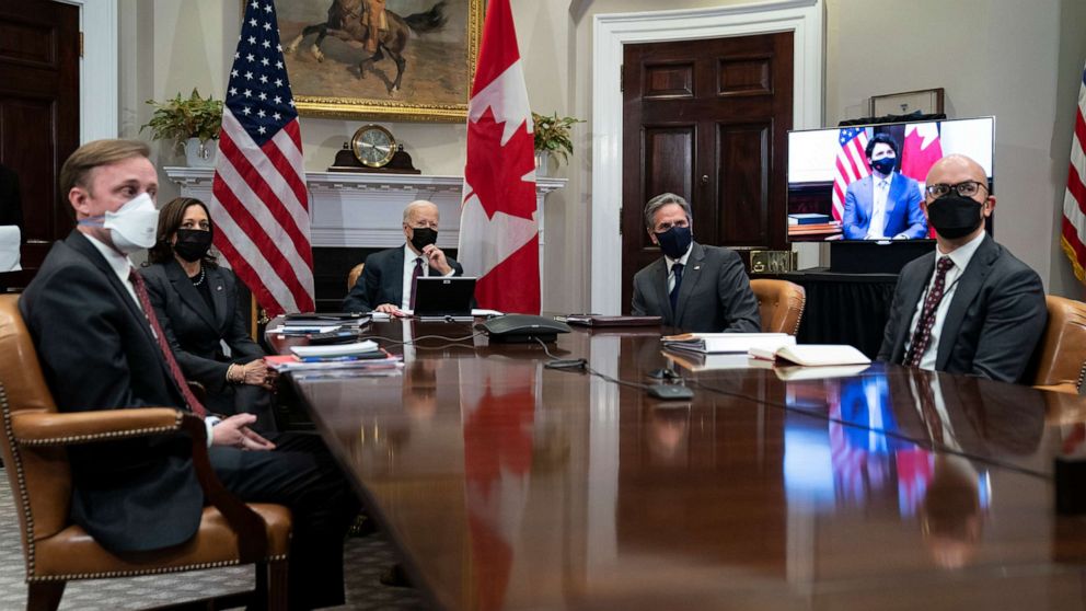 PHOTO: President Joe Biden holds a virtual bilateral meeting with Canadian Prime Minister Justin Trudeau, in the Roosevelt Room of the White House, Feb. 23, 2021, in Washington.