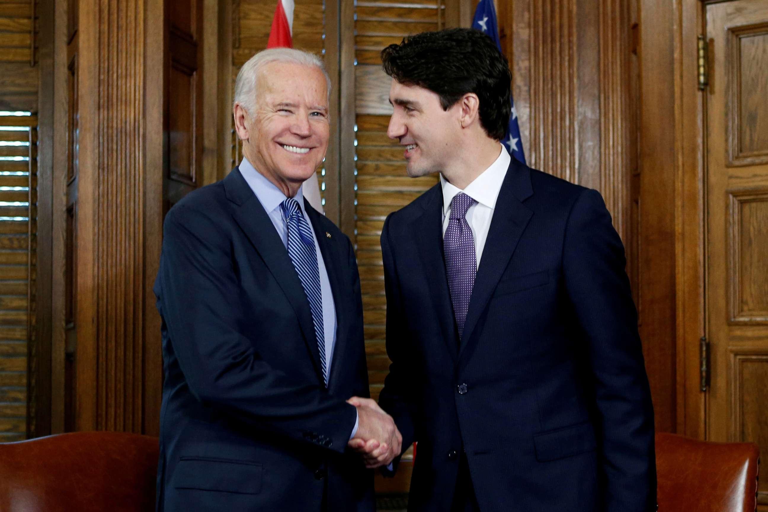 PHOTO: Canada's Prime Minister Justin Trudeau shakes hands with Vice President Joe Biden during a meeting in Trudeau's office on Parliament Hill in Ottawa, Ontario, Canada, Dec. 9, 2016.