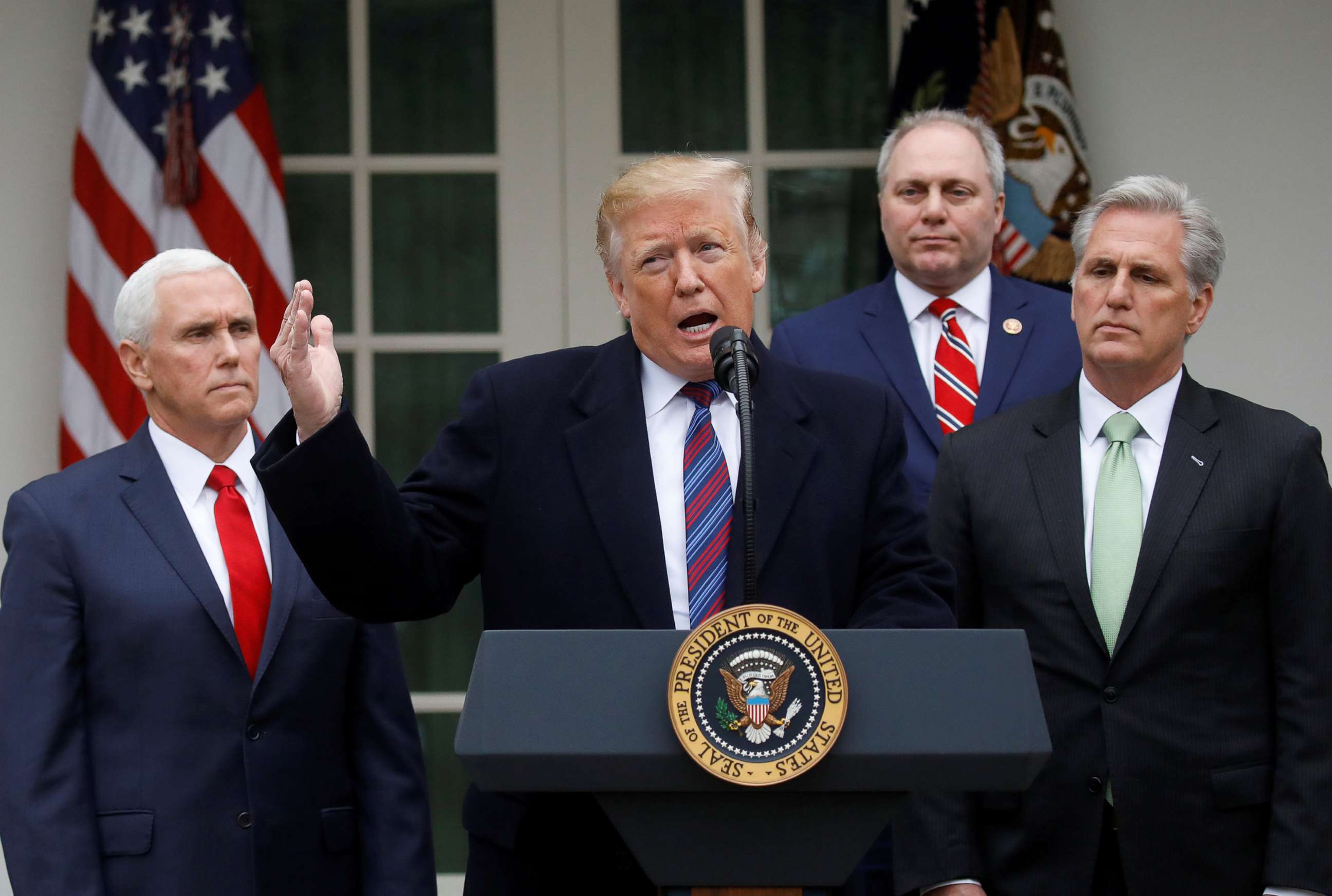 PHOTO: President Donald Trump speaks with reporters following a meeting with congressional leadership on the ongoing partial government shutdown in the Rose Garden of the White House in Washington, Jan. 4, 2019.