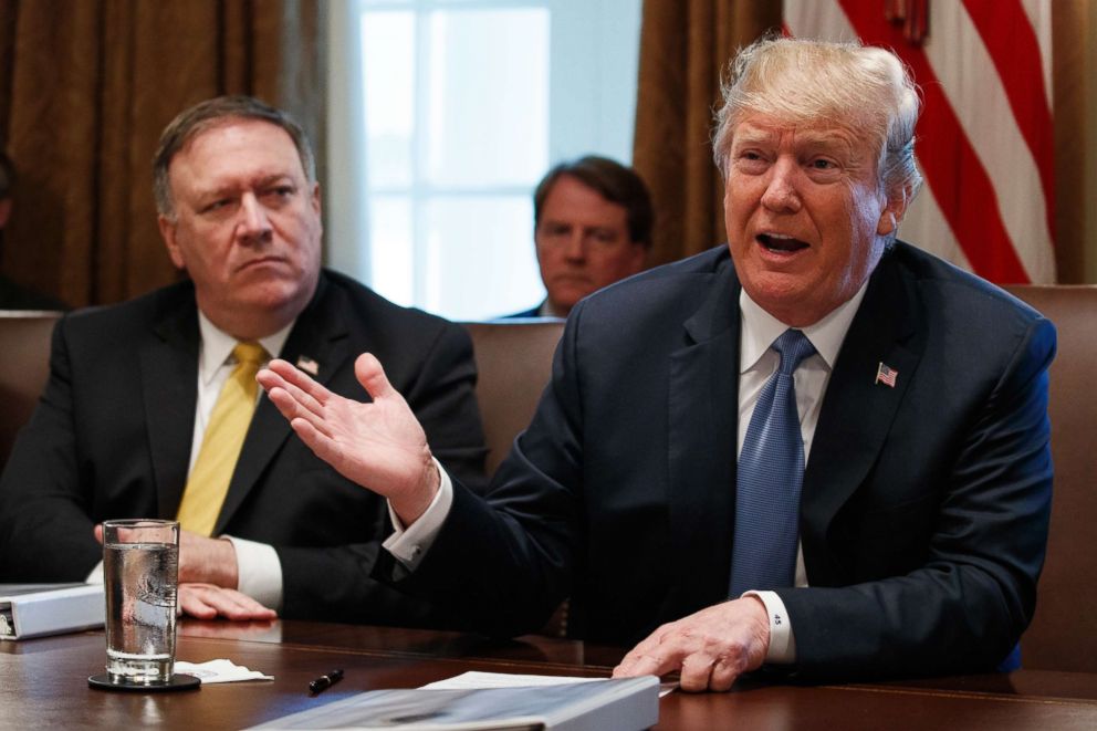 PHOTO: Secretary of State Mike Pompeo listens as President Donald Trump speaks during a cabinet meeting at the White House, June 21, 2018, in Washington.